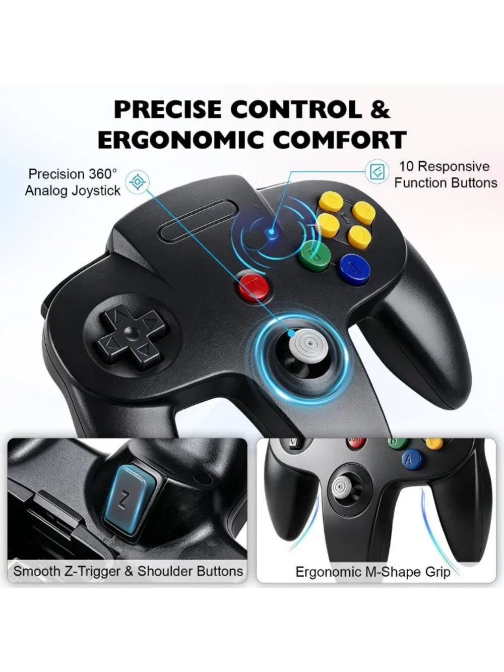 4 Pack Wired N64 Controllers with Upgraded Joystick - Classic Retro Gaming Set